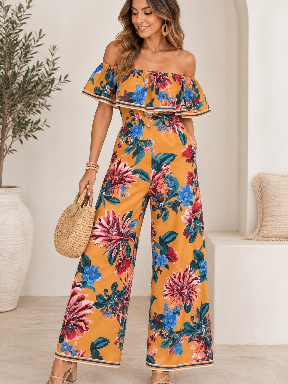 Lulu's Mustard Floral Off-Shoulder Wide-Leg Jumpsuit